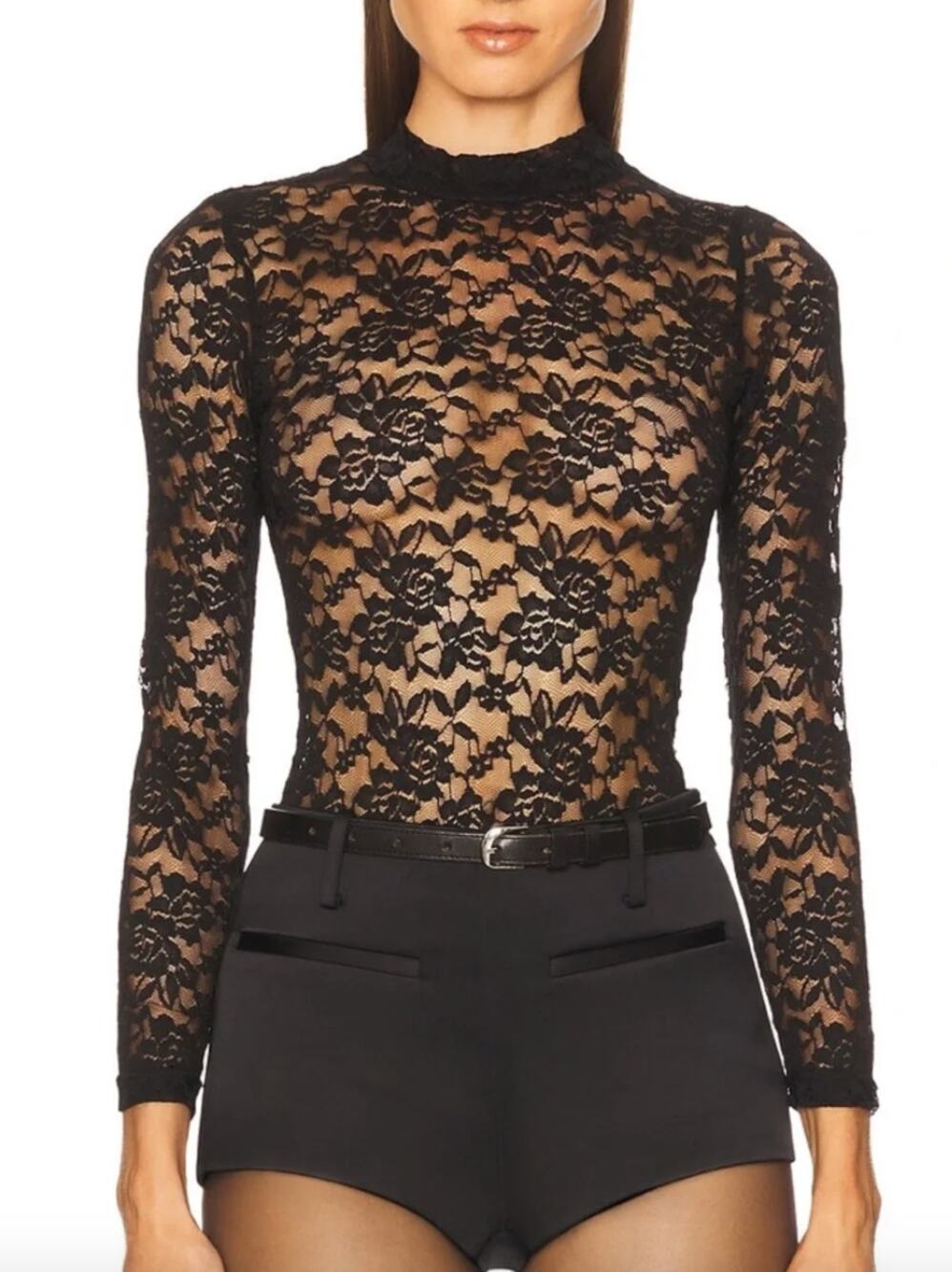 New Stems Lace Neck Bodysuit, Black Medium $88